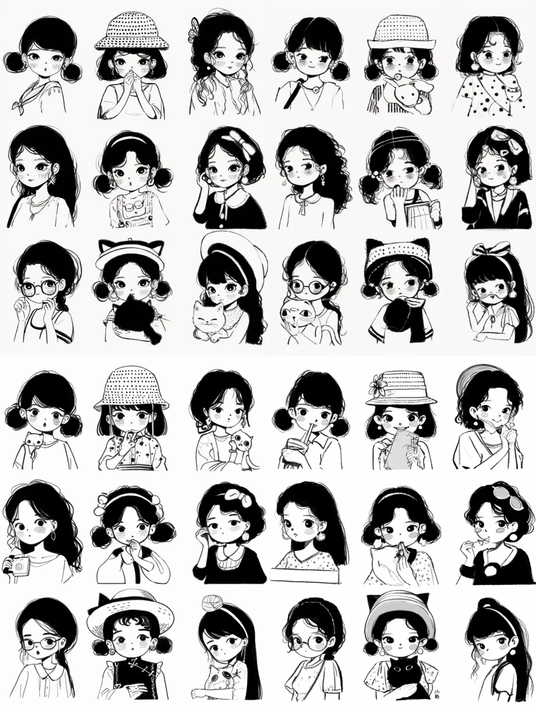 可爱小女孩黑白手绘风格插画～