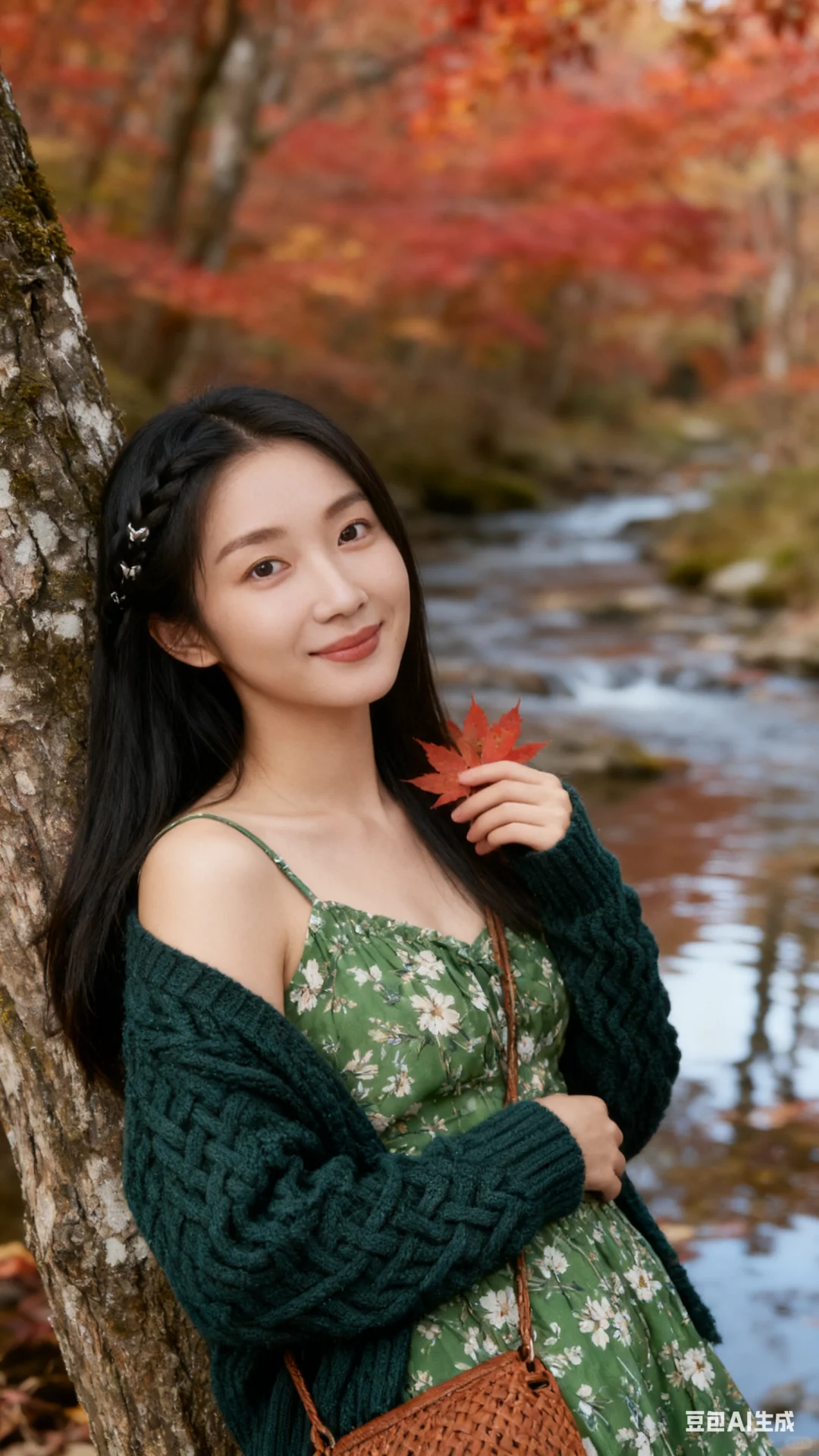 森系红叶山溪写真（附提示词）