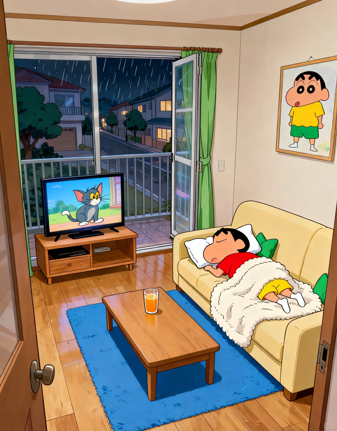 🌃下雨天小新在家睡觉