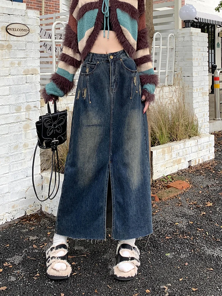 高腰牛仔开叉裙好显腿长好显身材比例～