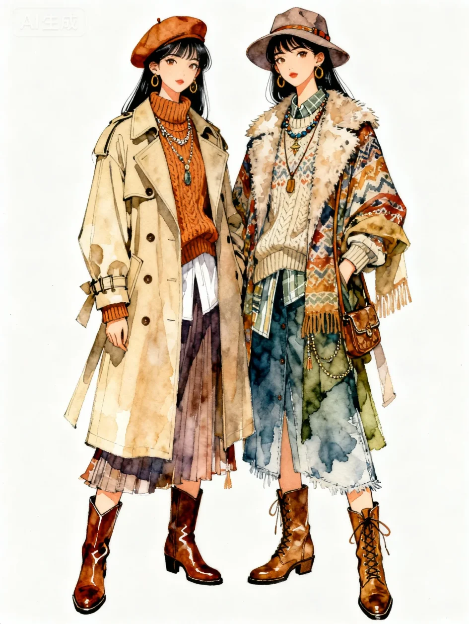 氛围感的穿搭，水彩插画