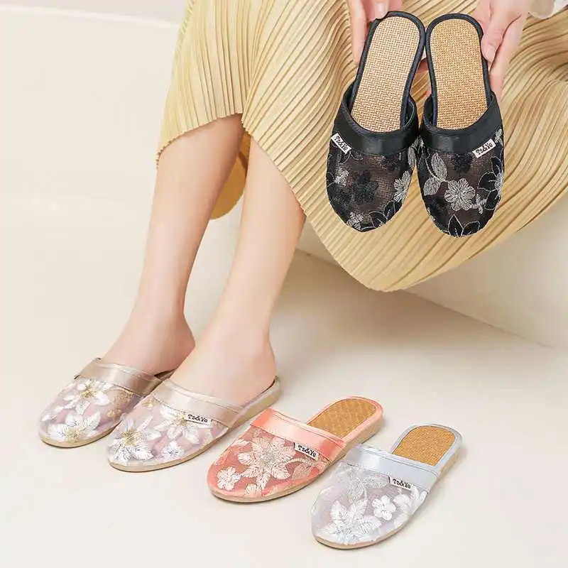 女士家居凉拖鞋夏季防滑地板室内托鞋女蕾丝
