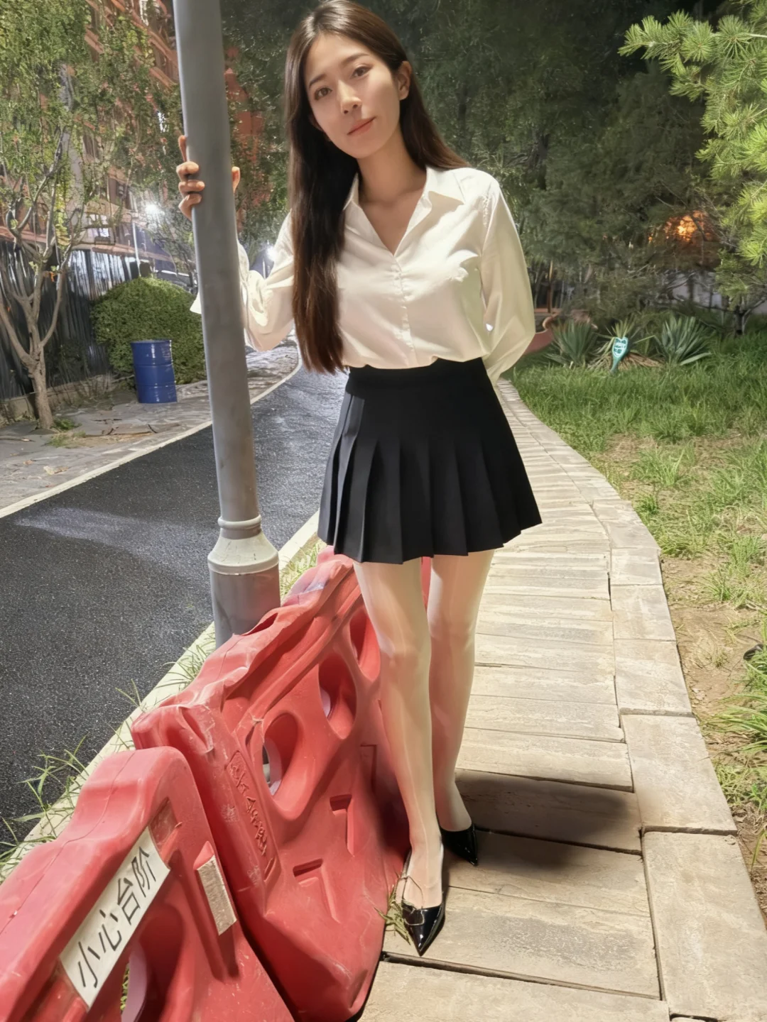 夜晚公园的 ootd｜纯欲感衬衫百褶裙穿搭