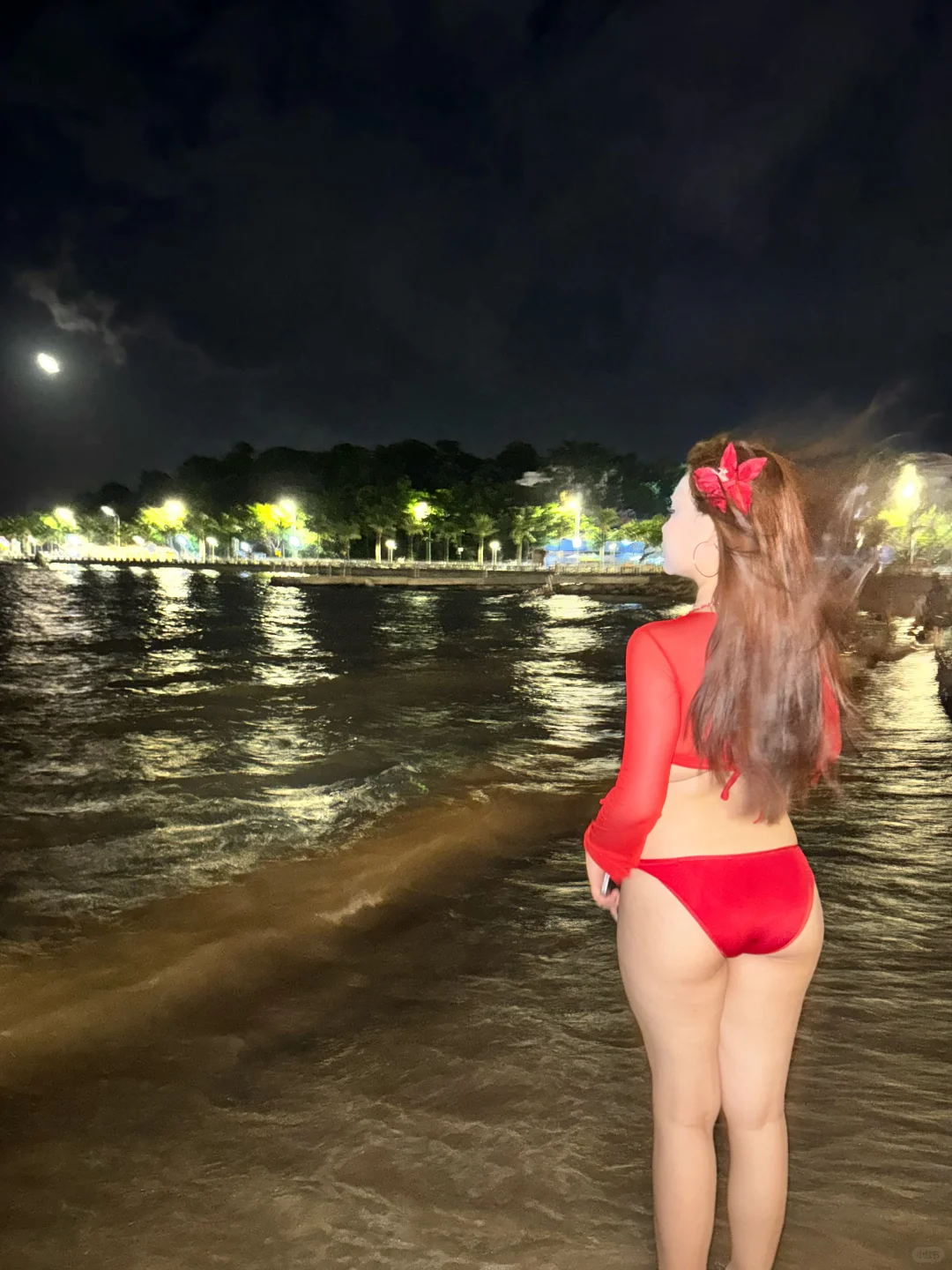 bbw、红色比基尼、海边、月亮、海风、晚风