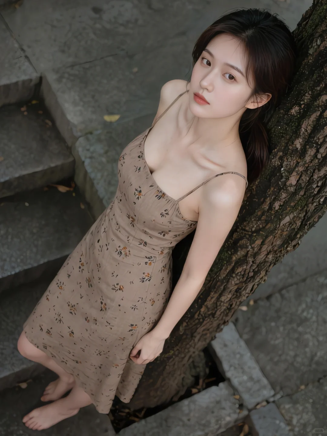 棕裙曳影古阶旁，碎花萦身韵味长