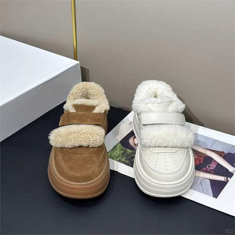 真皮厚底增高魔术贴毛毛鞋女冬加绒保暖休闲