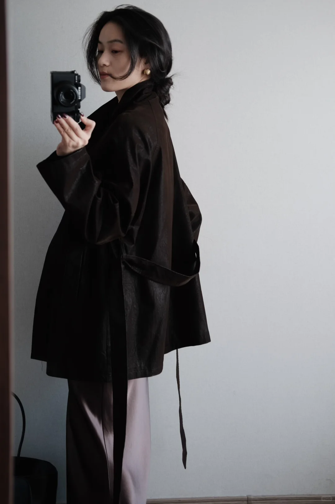 165 114大骨架女生显瘦穿搭🍂复古棕皮夹克