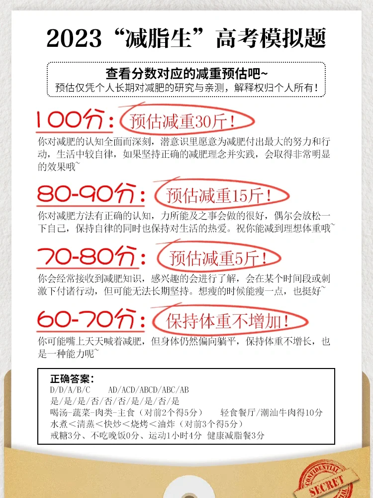 ✏️减脂生也高考啦~答题看你能减多少斤！