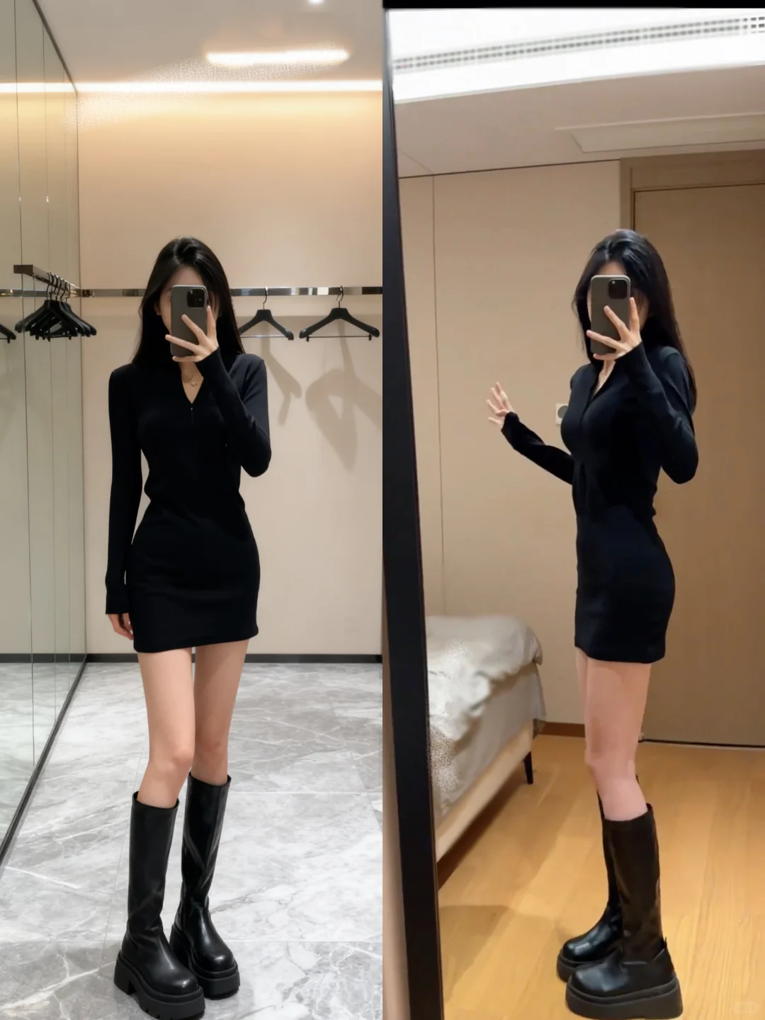 包臀裙➕长筒靴❗️巨显瘦百搭～