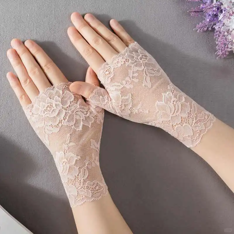 性感弹力蕾丝手套半指露指半截无指手套女士