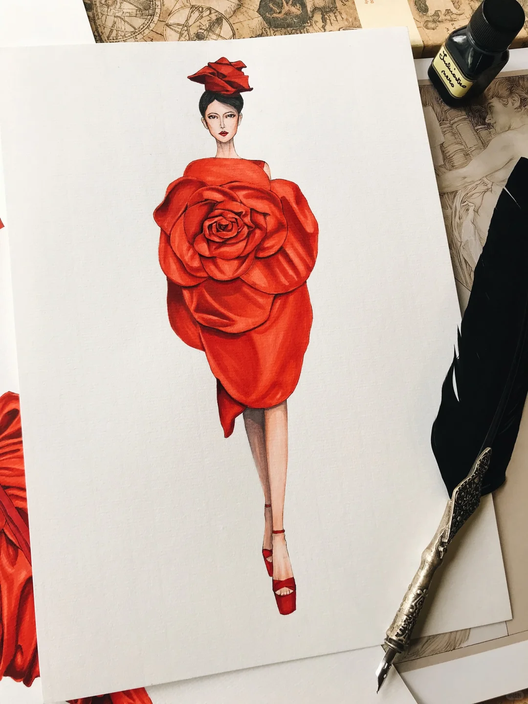 红色娇艳你如今几岁❤️服装插画