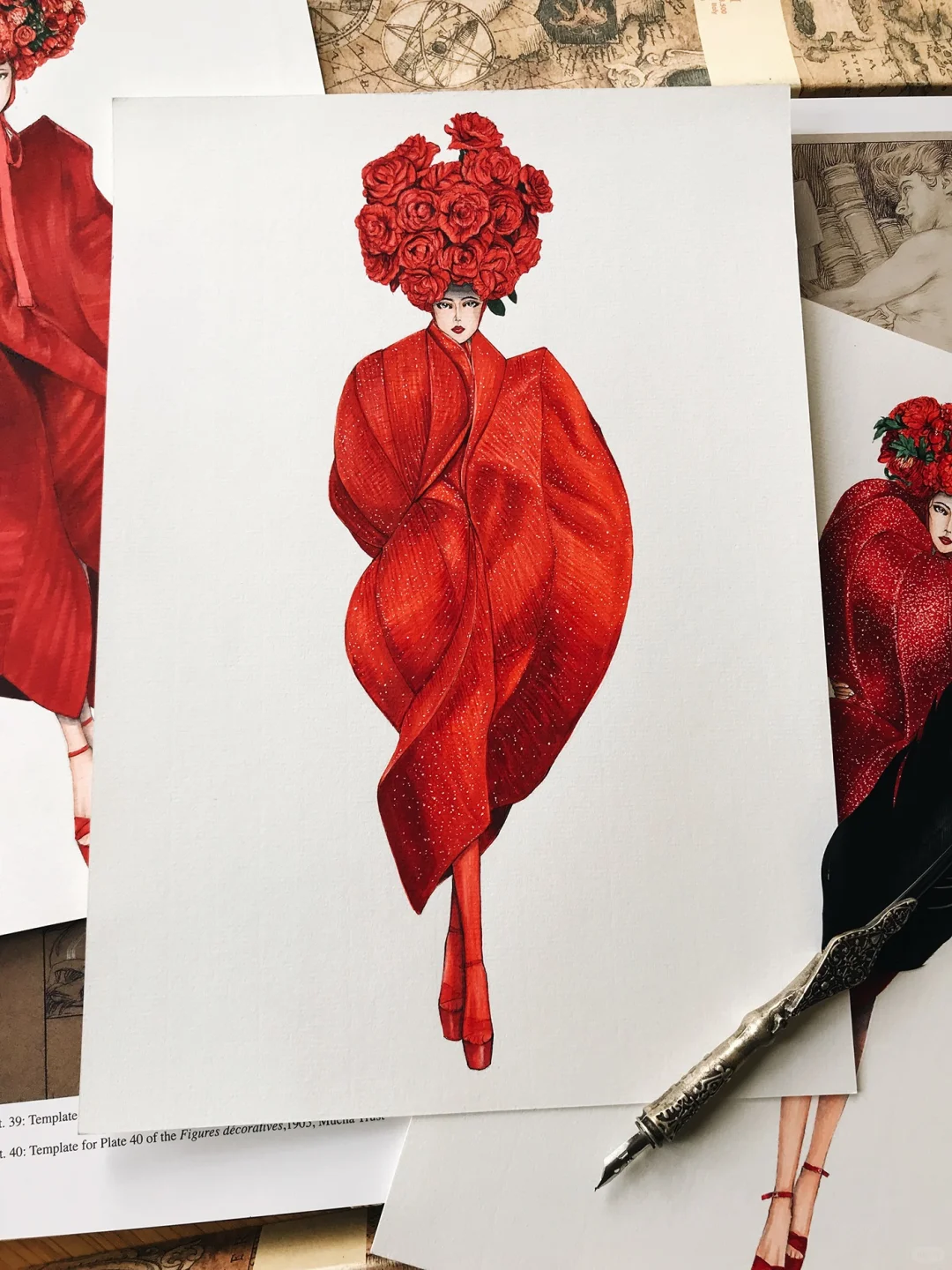 红色娇艳你如今几岁❤️服装插画