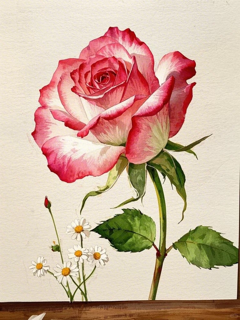 水彩绘就的娇艳玫瑰花
