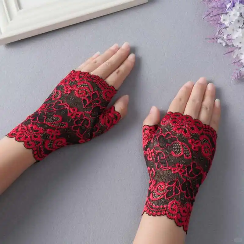性感弹力蕾丝手套半指露指半截无指手套女士