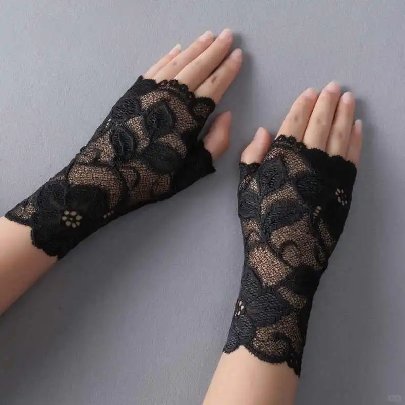 性感弹力蕾丝手套半指露指半截无指手套女士