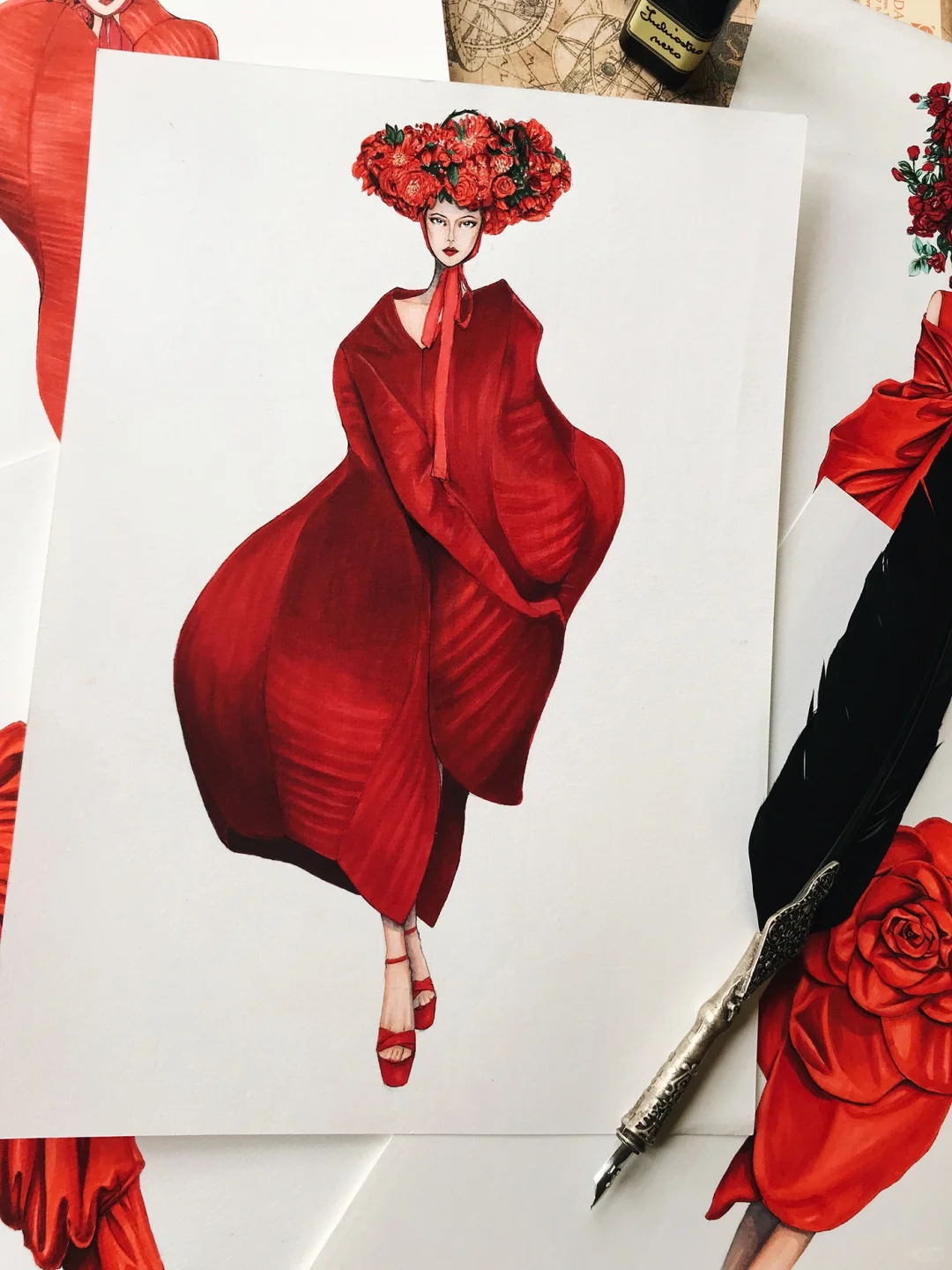 红色娇艳你如今几岁❤️服装插画