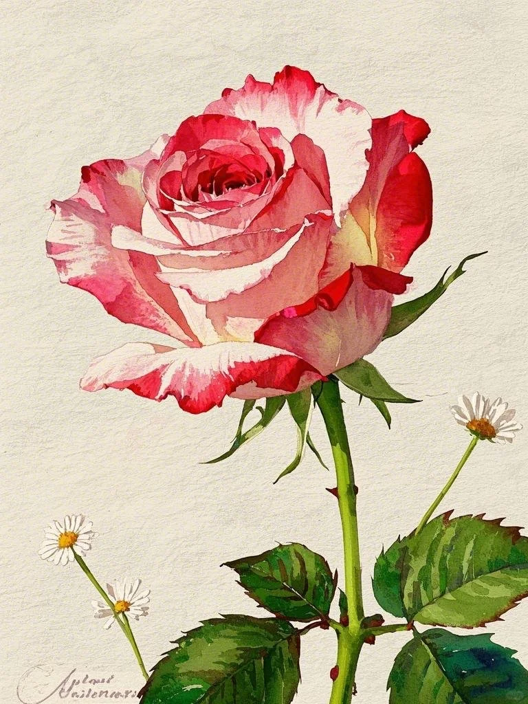 水彩绘就的娇艳玫瑰花