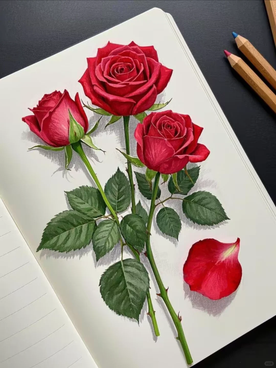 彩铅绘白纸上娇艳玫瑰