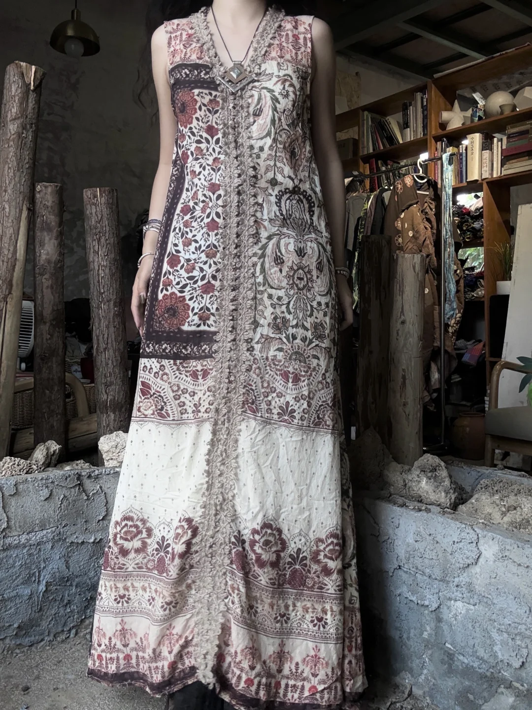 风骨尤物｜麻线拼接复古印花背心长裙