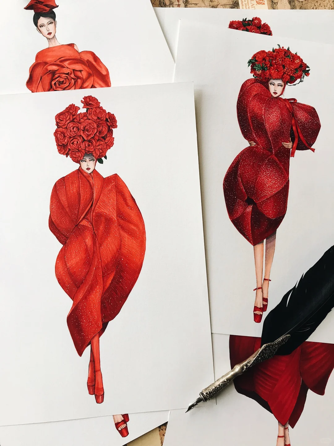 红色娇艳你如今几岁❤️服装插画