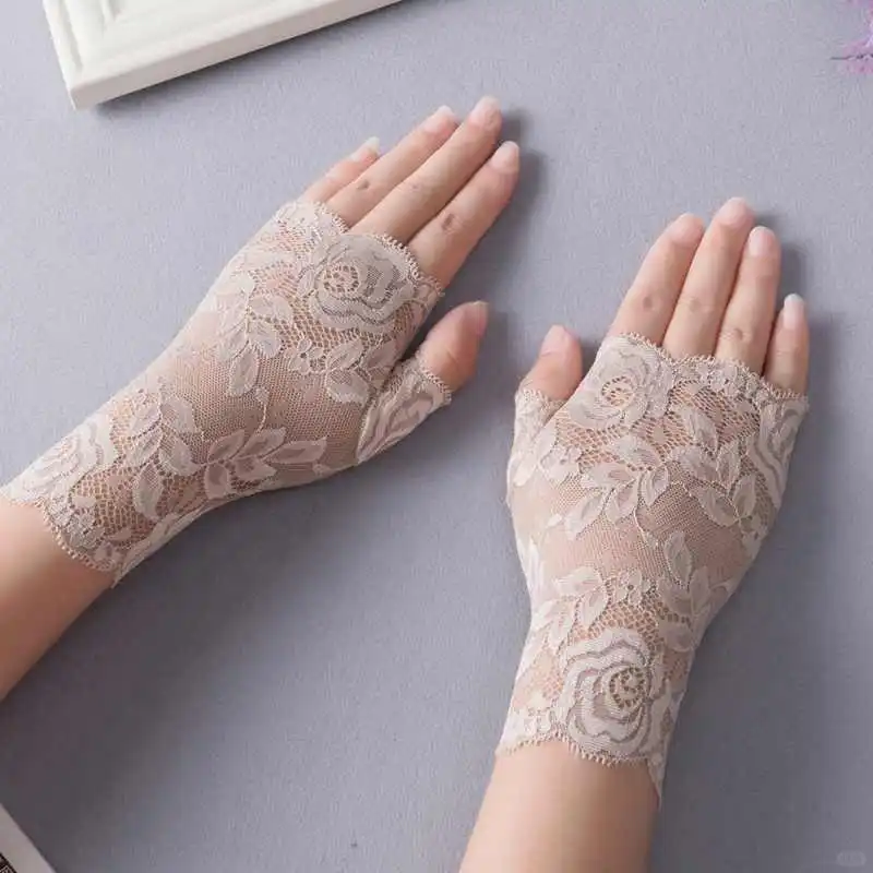 性感弹力蕾丝手套半指露指半截无指手套女士