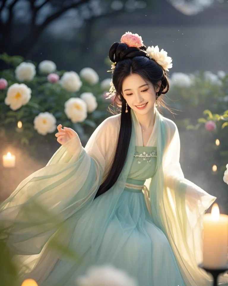 她的美貌如同一朵盛开的牡丹，娇艳欲滴