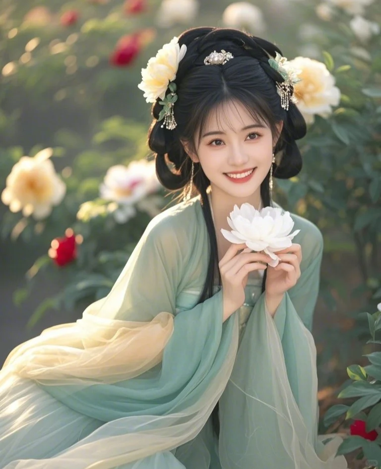 她的美貌如同一朵盛开的牡丹，娇艳欲滴