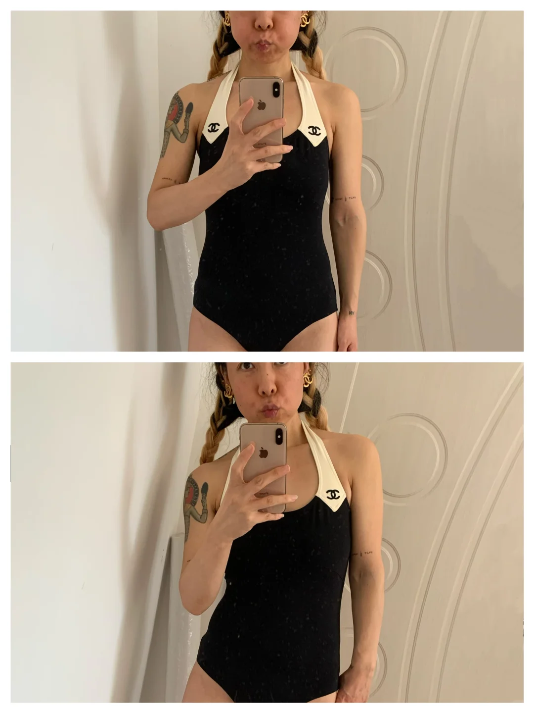 CHANEL中古95年海报明星款双C挂脖连体泳衣