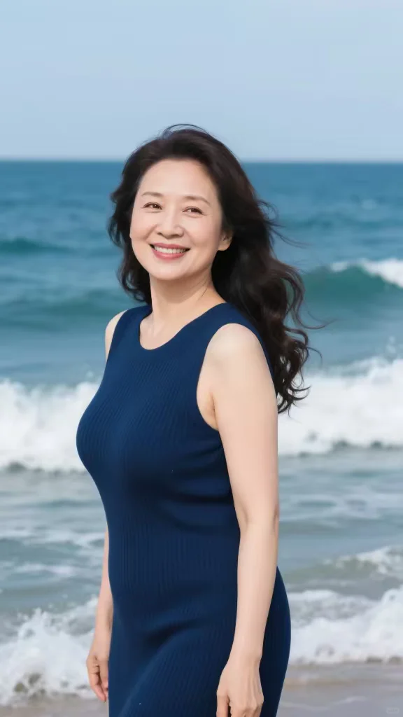 成熟风情美人，48岁阿姨的海边度假风