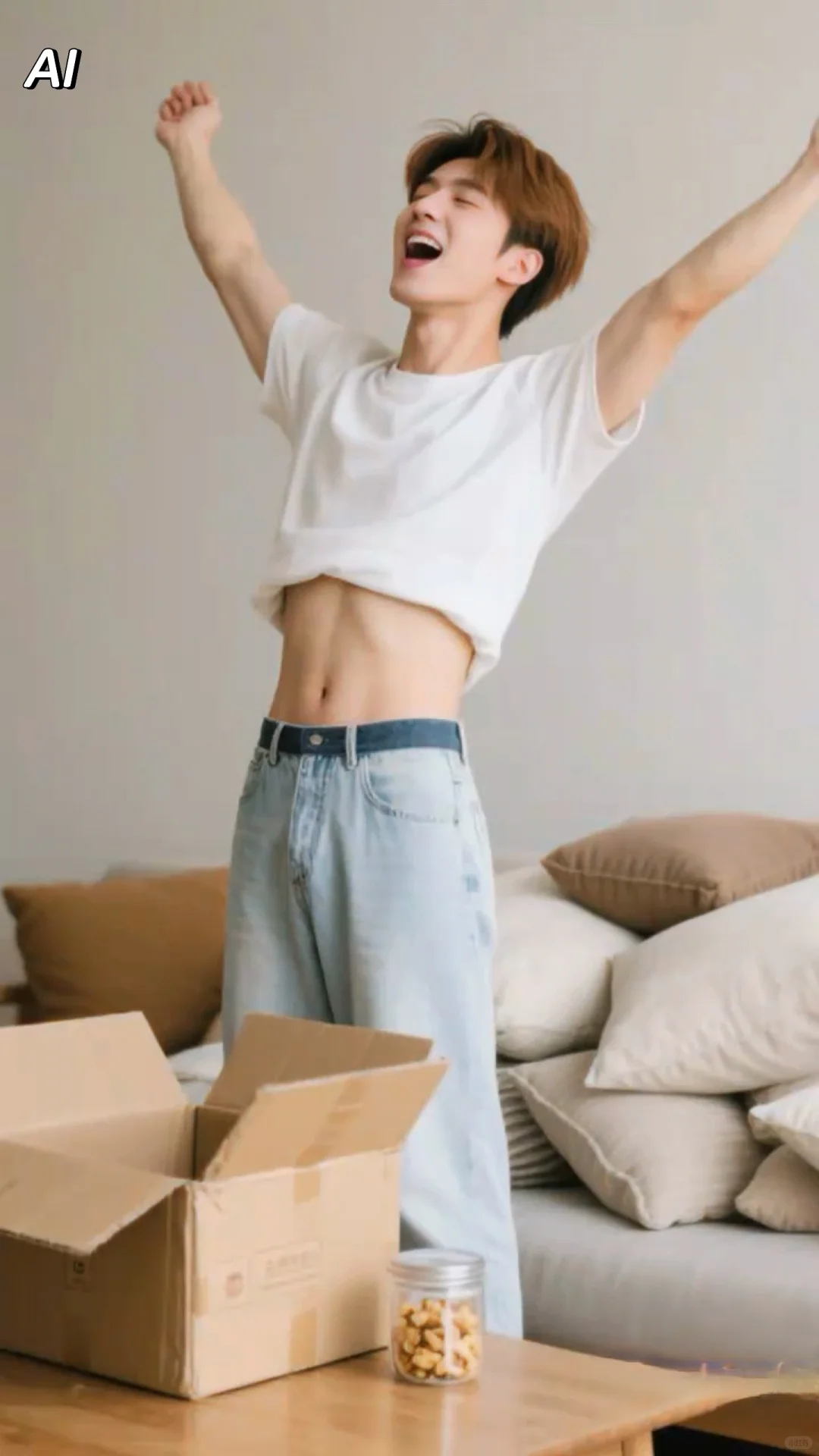 简约装束仍抢眼，露出小蛮腰的男生也性感