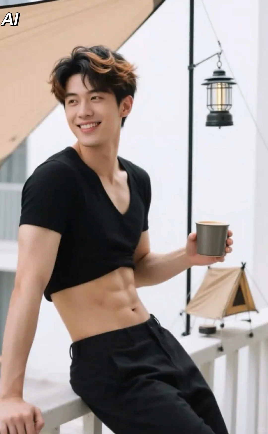 简约装束仍抢眼，露出小蛮腰的男生也性感