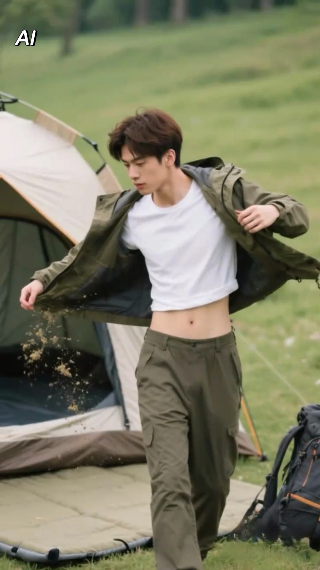 简约装束仍抢眼，露出小蛮腰的男生也性感