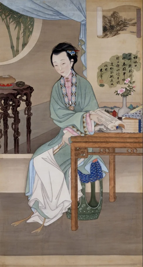 雍亲王题书堂深居图屏·观书沉吟轴，清代