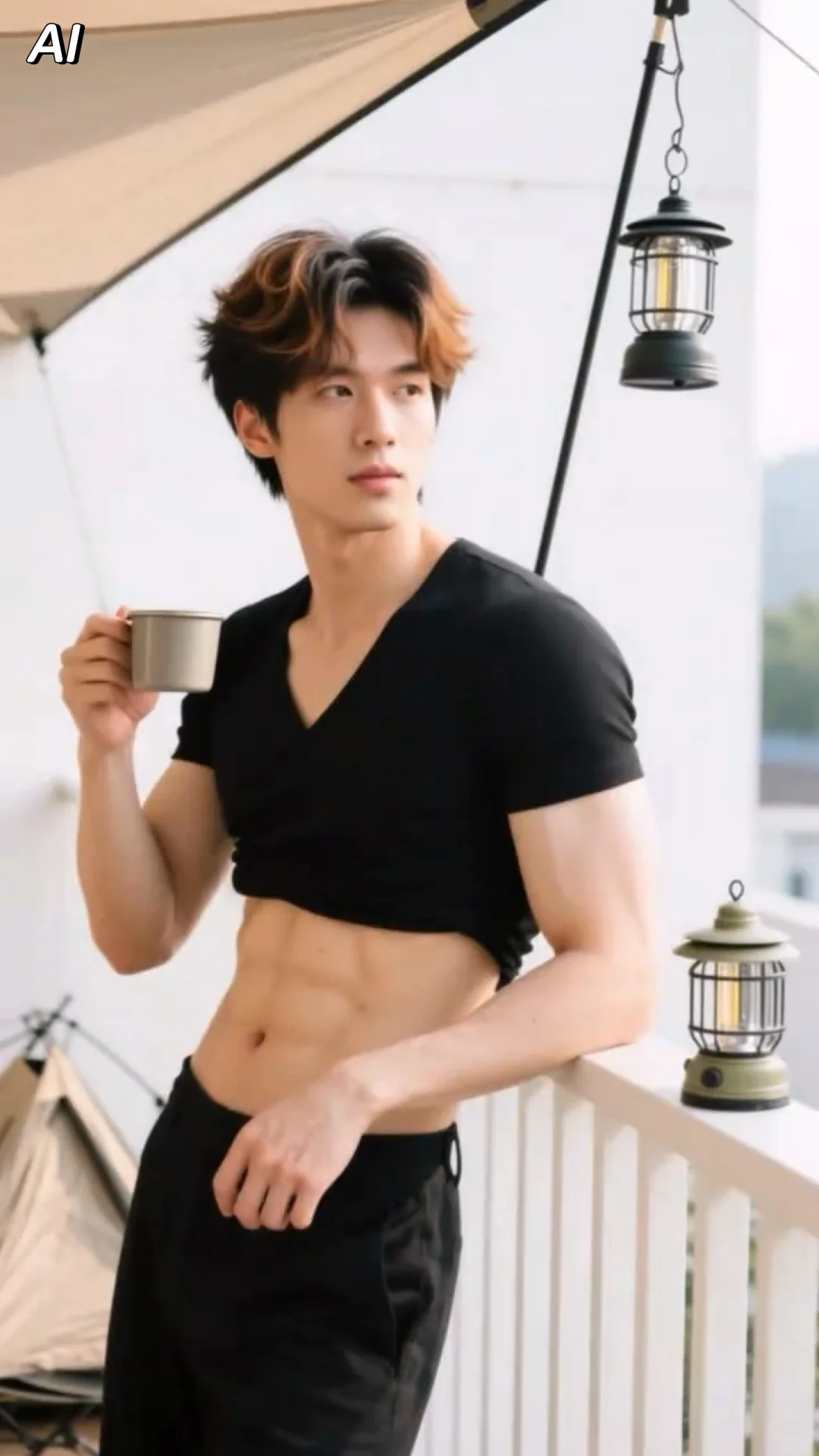 简约装束仍抢眼，露出小蛮腰的男生也性感