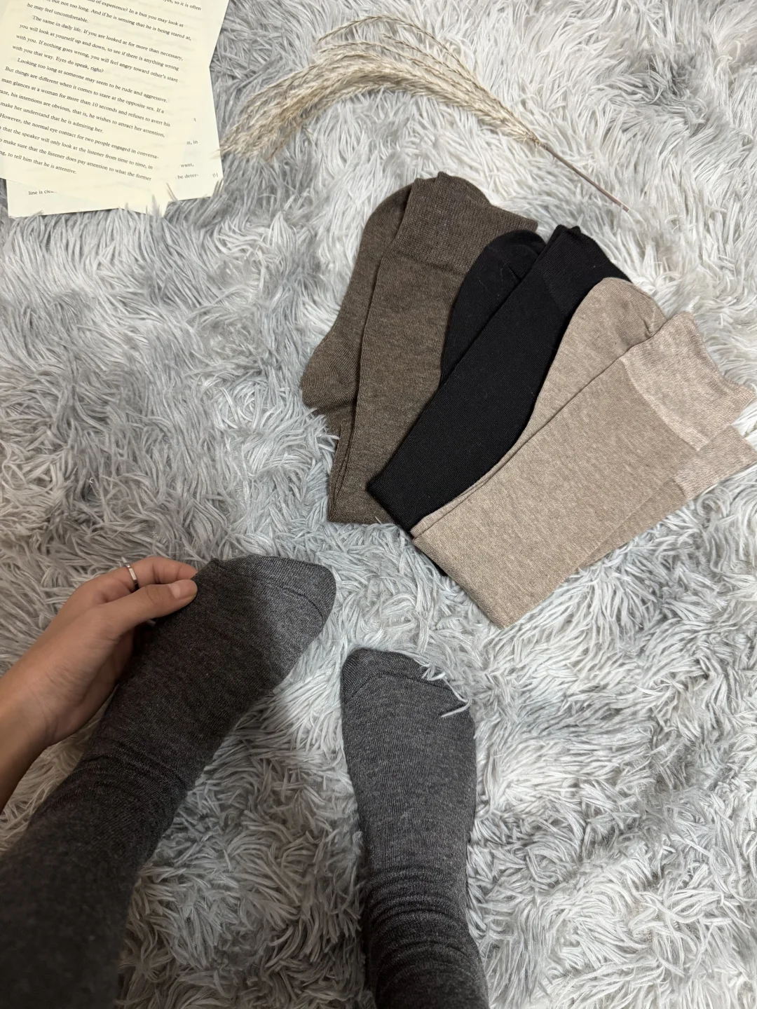 把一双简约高级感女袜穿在脚上