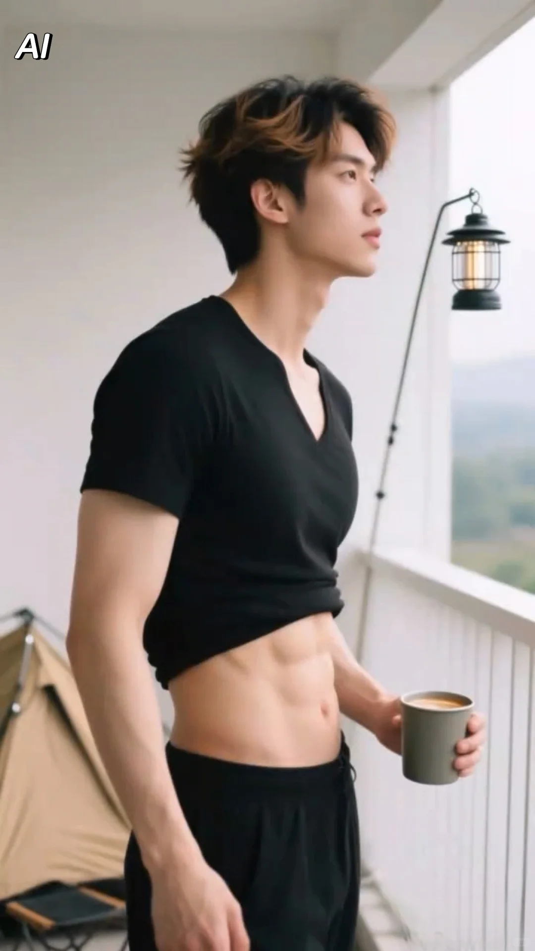 简约装束仍抢眼，露出小蛮腰的男生也性感