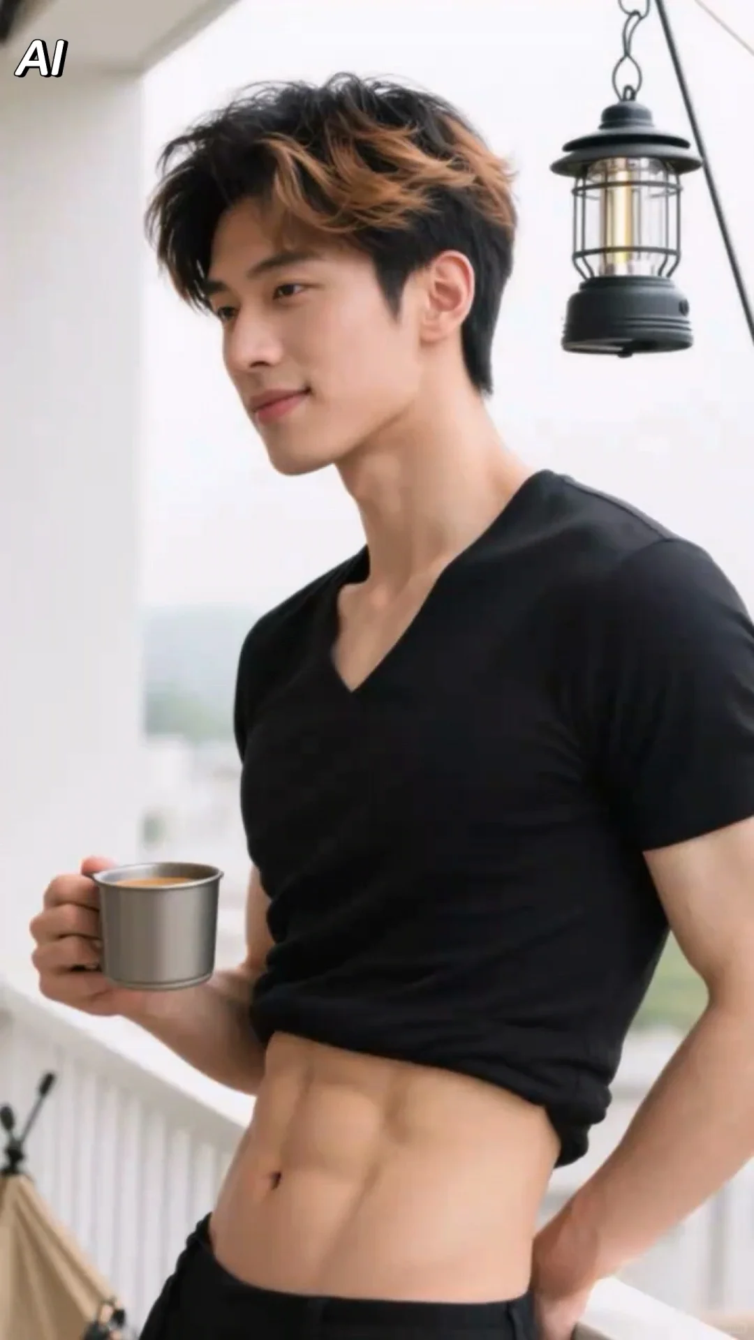 简约装束仍抢眼，露出小蛮腰的男生也性感