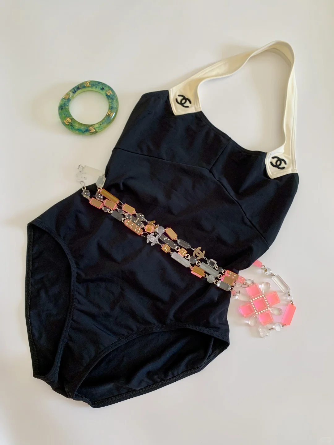 CHANEL中古95年海报明星款双C挂脖连体泳衣