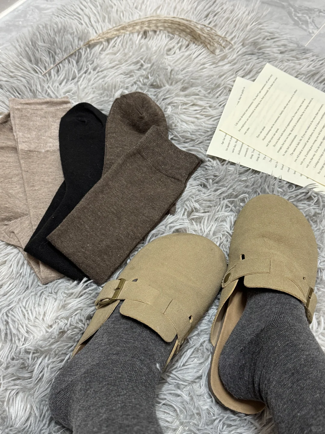 把一双简约高级感女袜穿在脚上