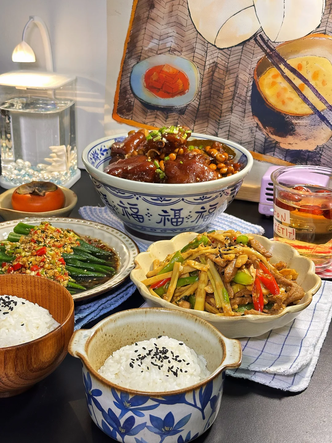 晚餐｜猪蹄炖黄豆 竹笋炒肉丝 凉拌秋葵