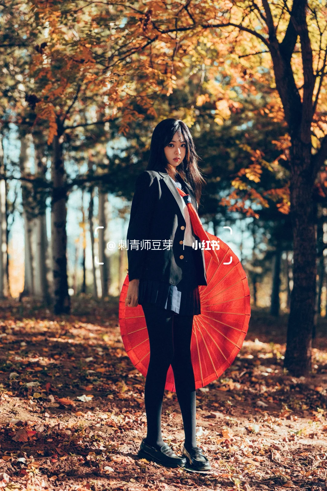 秋天 少女 枫叶 等待