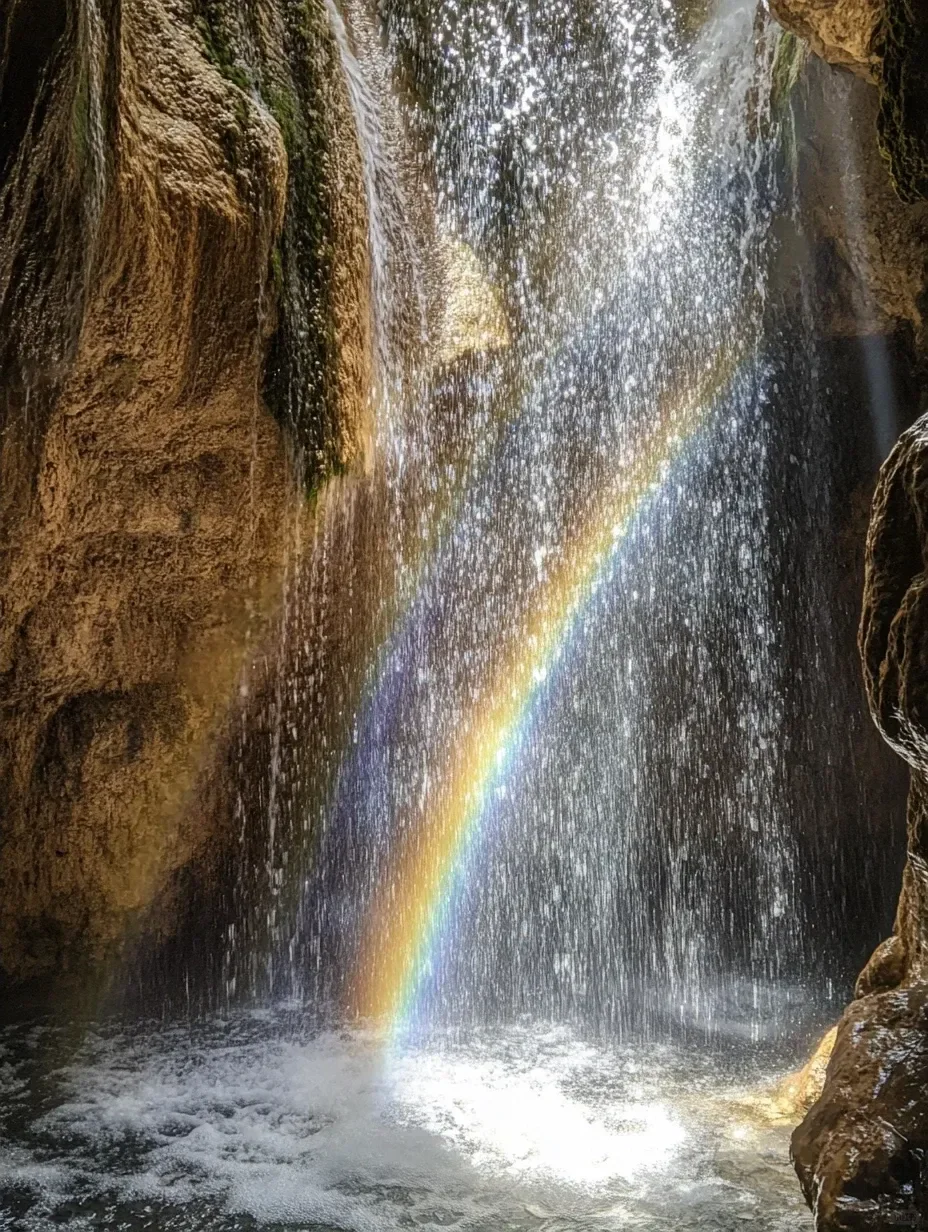 瀑布里，阳光像「魔法」一样洒落