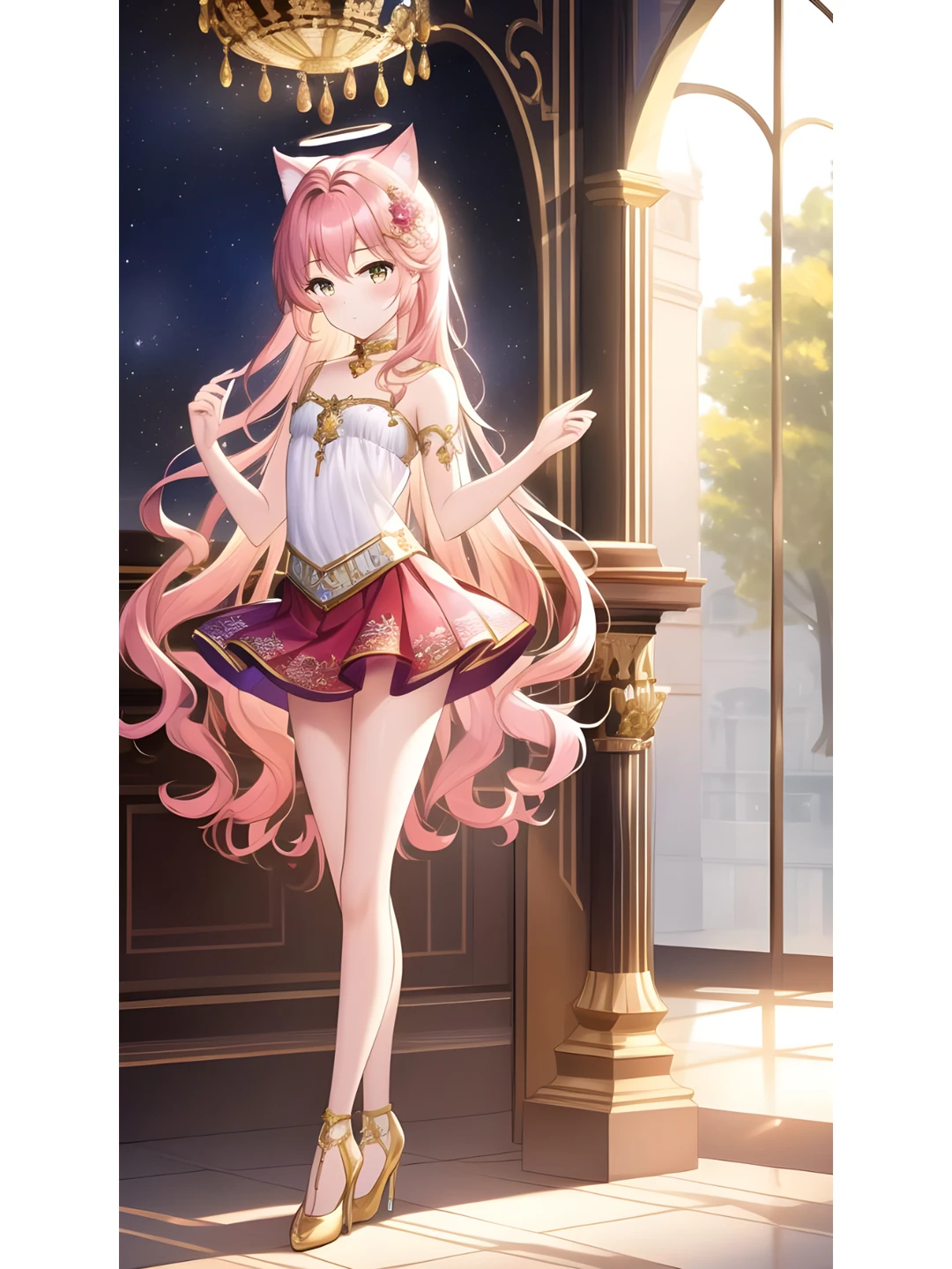 猫耳天使光环优雅长裙女孩，动漫二次元绘画