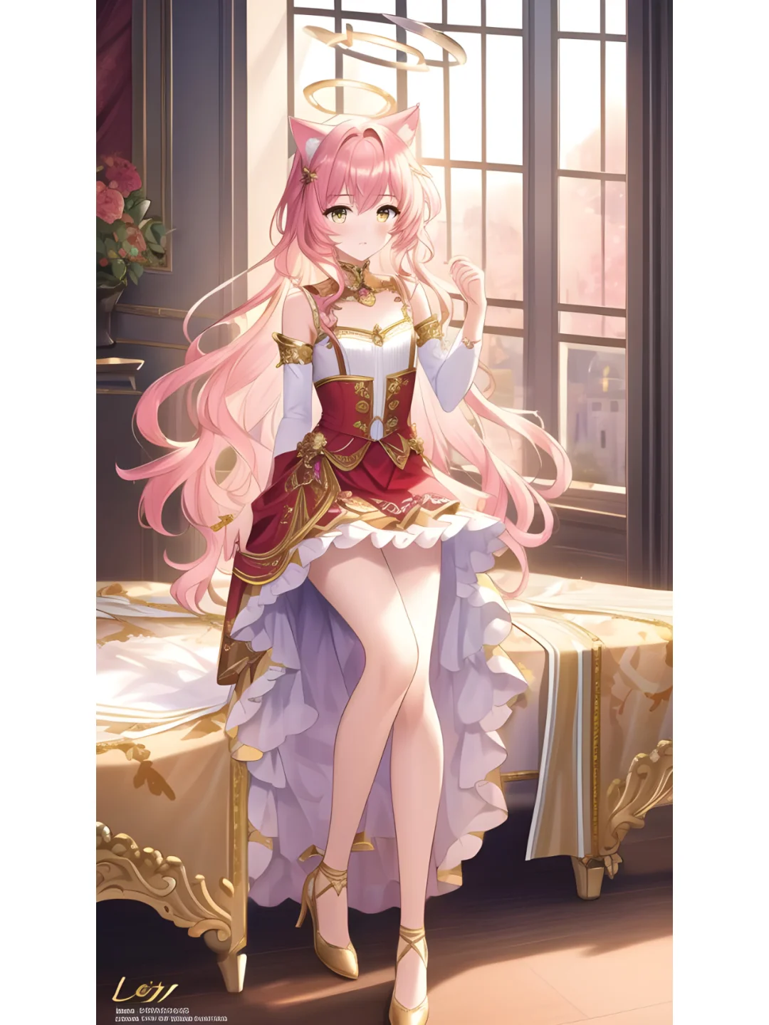 猫耳天使光环优雅长裙女孩，动漫二次元绘画