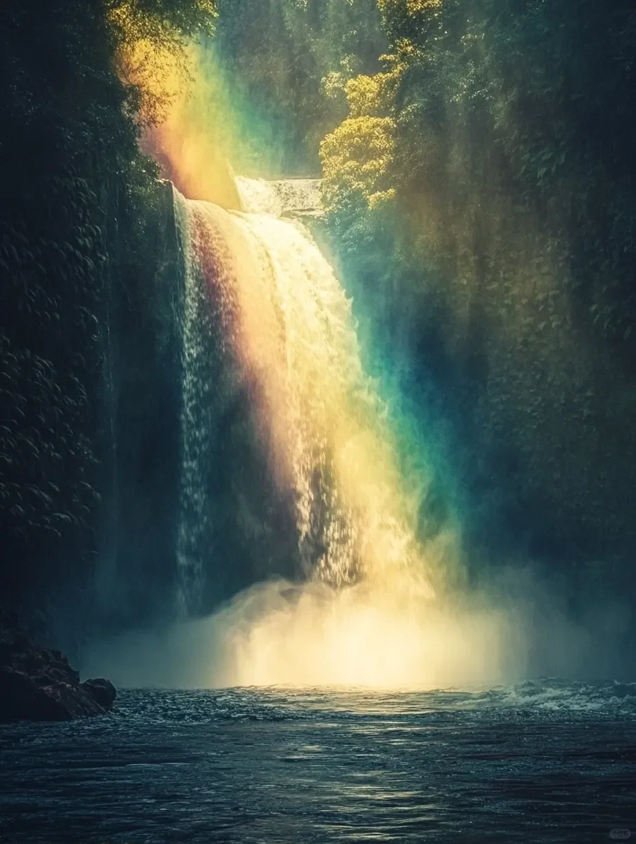 瀑布里，阳光像「魔法」一样洒落