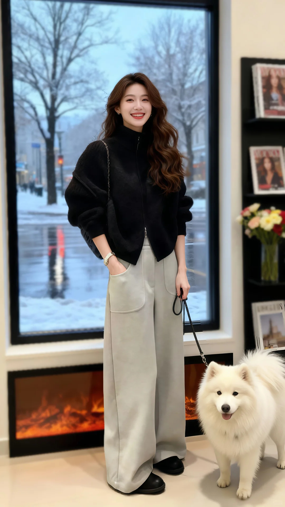 圈圈颗粒感外套+阔腿裤，打造冬日时尚新风