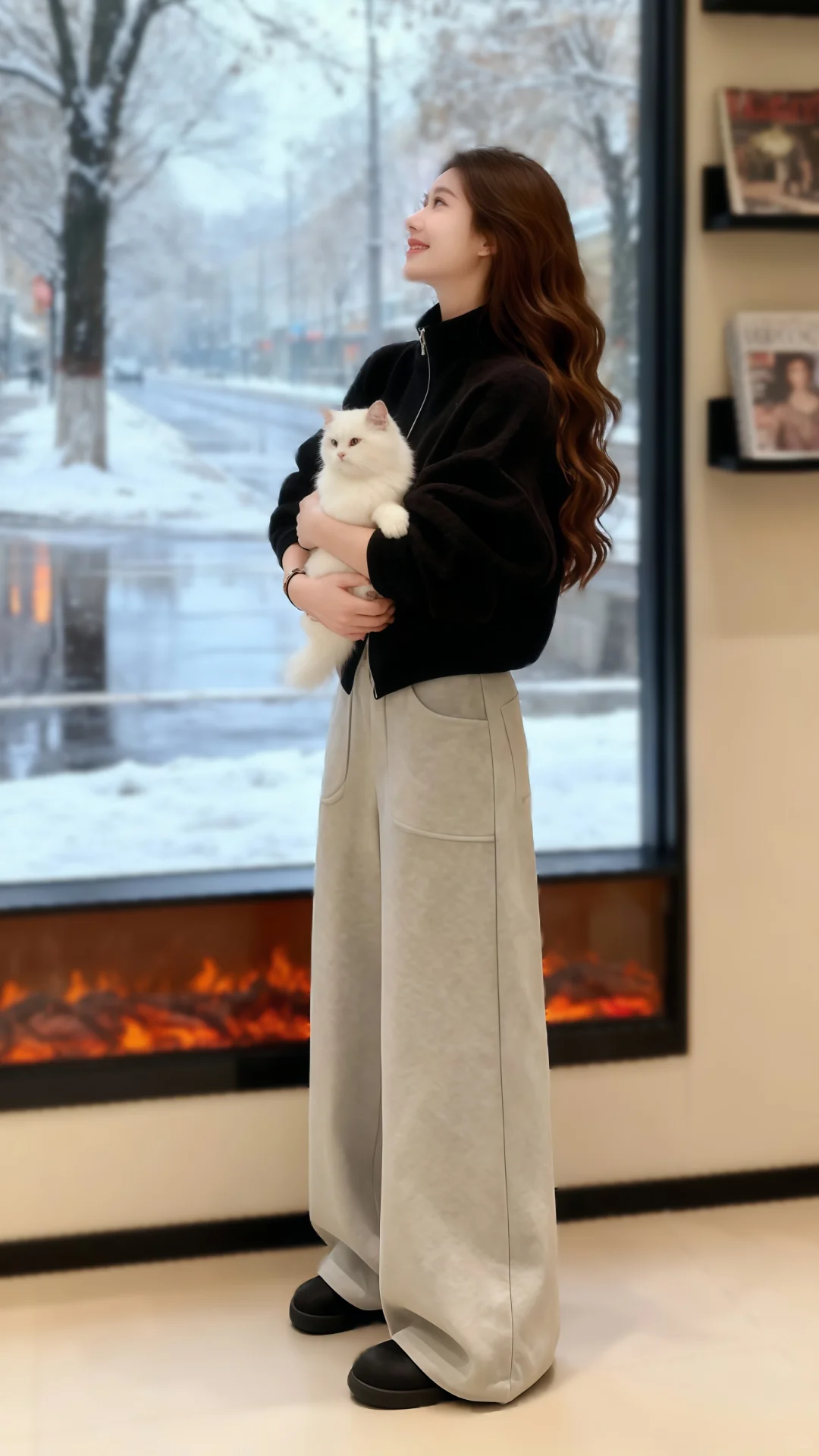 圈圈颗粒感外套+阔腿裤，打造冬日时尚新风