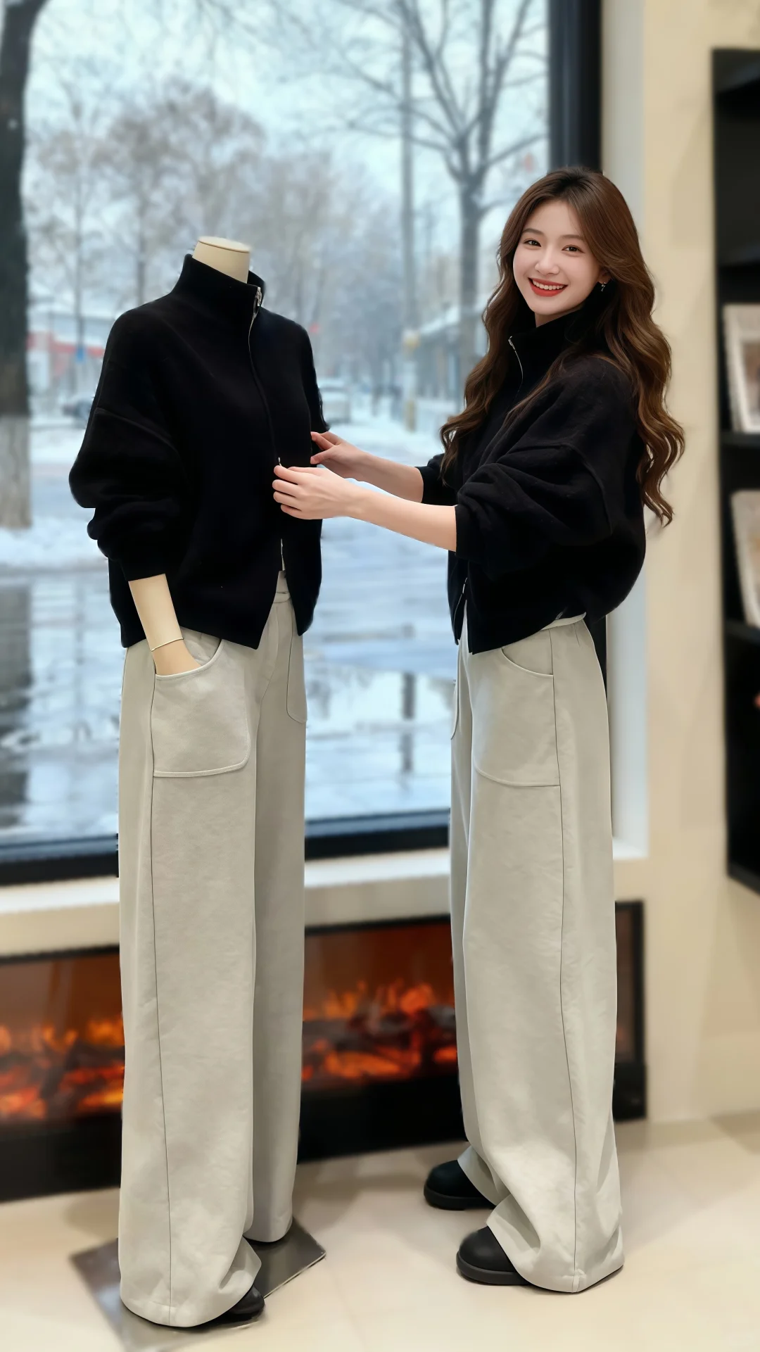 圈圈颗粒感外套+阔腿裤，打造冬日时尚新风