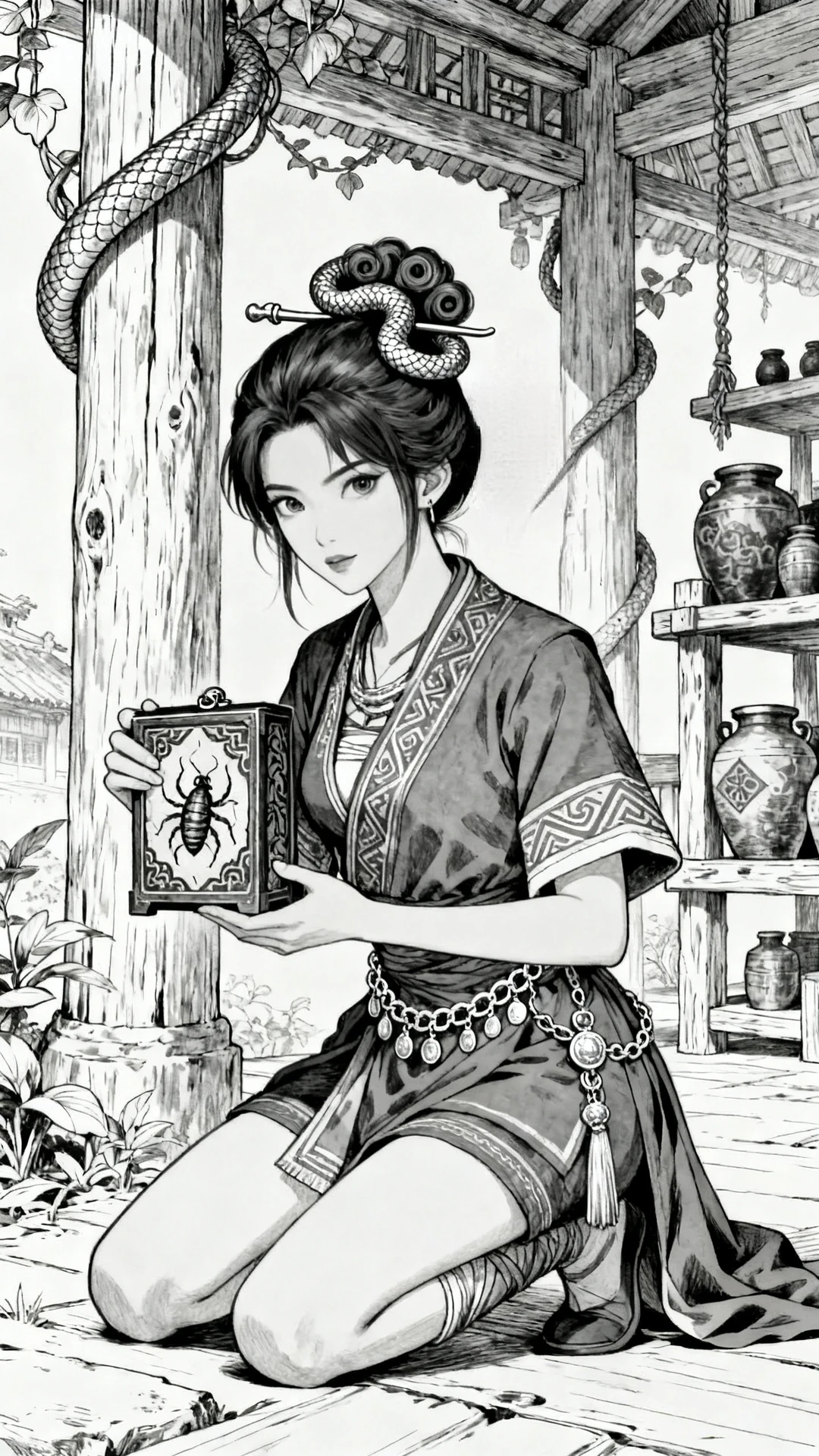 苗疆蛊女果然魅惑好看 ｜黑白线稿