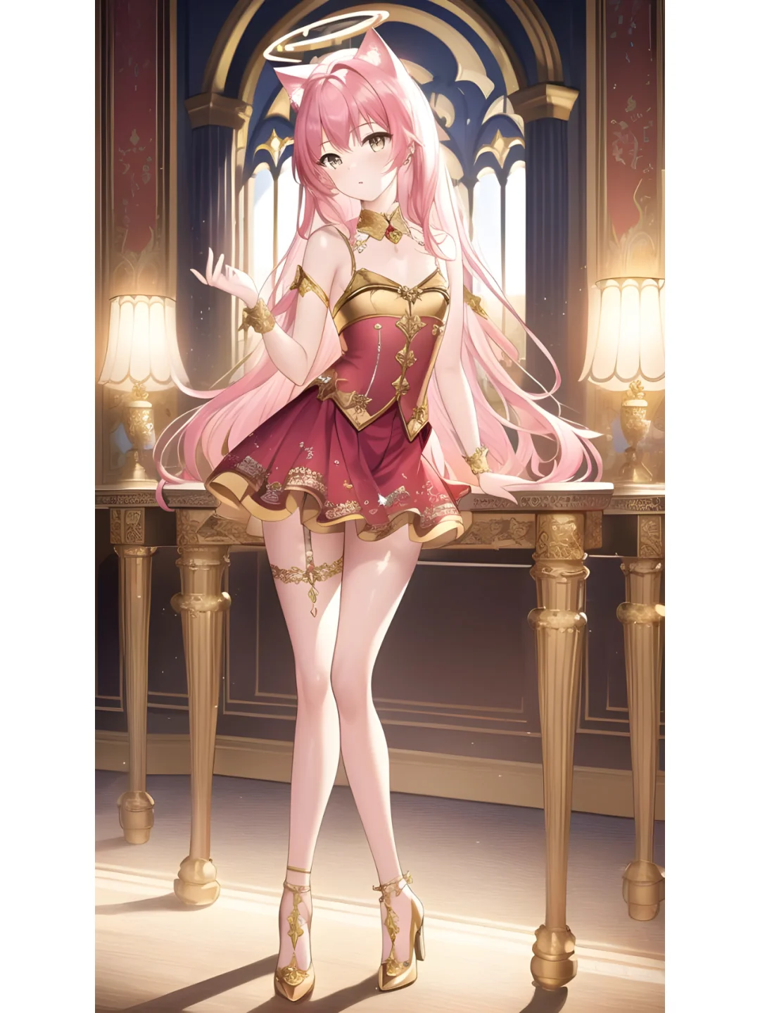 猫耳天使光环优雅长裙女孩，动漫二次元绘画